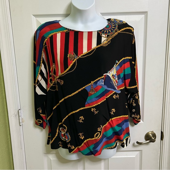 Carole Little Tops - Carole Little Black Multicolor Blouse Nautical Vintage Dolman Sleeves Sz 12